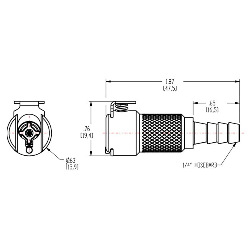 MCD1704V Valved In-Line Hose Barb Coupling Body 1/4 ID Bard w/ Viton O-ring