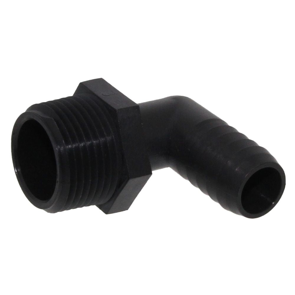 Male Elbow Barb x Male NPT - 3/8" HB x 3/4" MNPT - Black Polypropylene