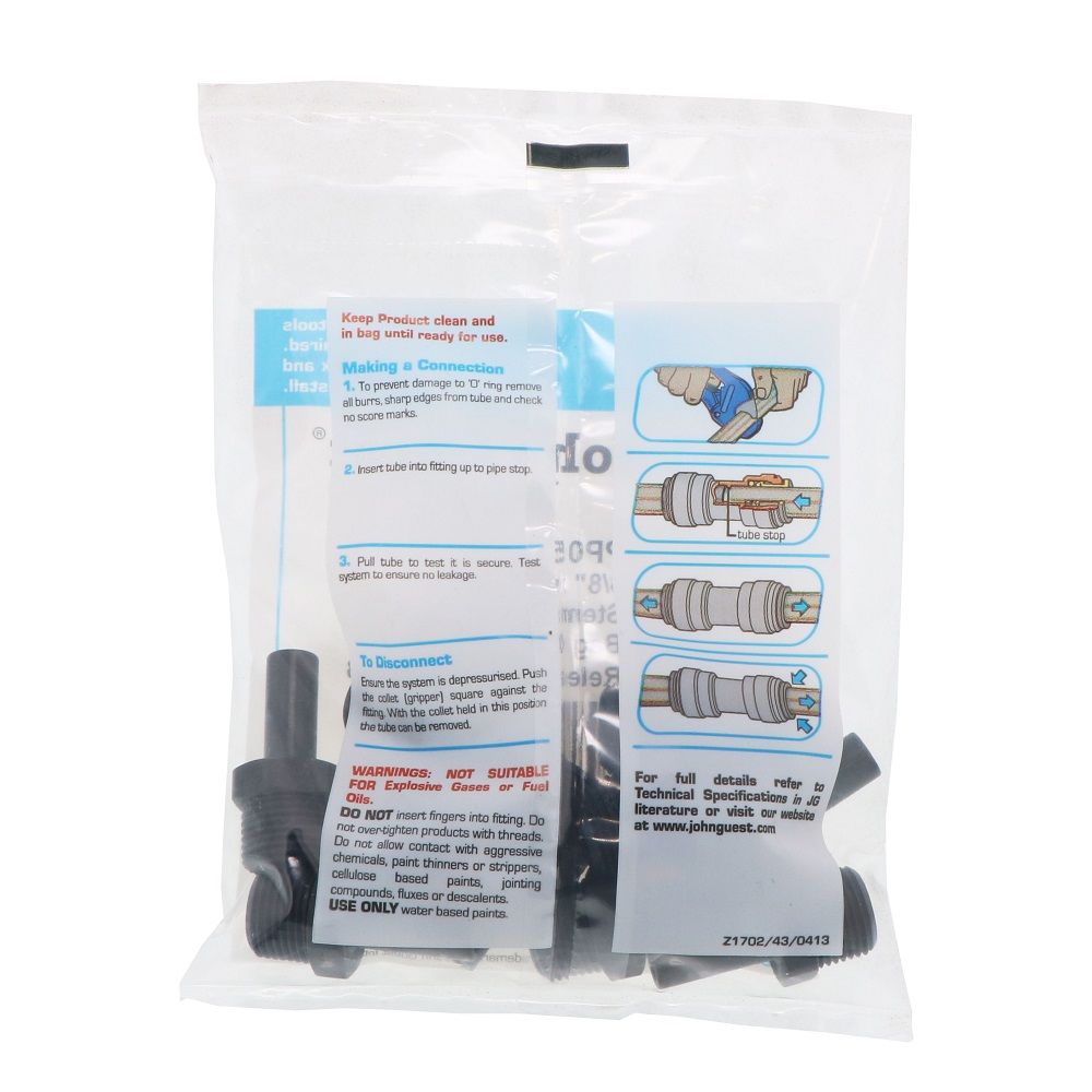 John Guest Stem Adapter Black Polypropylene  - 3/8 x 3/8 NPTF
