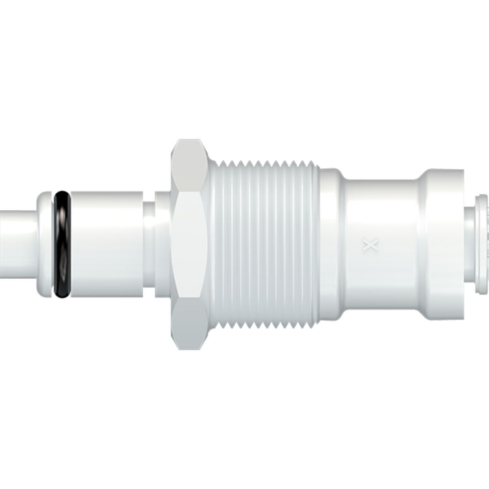 LinkTech 40AC Series Panel Mt. Male, Valved, 1/4" O.D. Push-In, Natural Acetal, Buna N