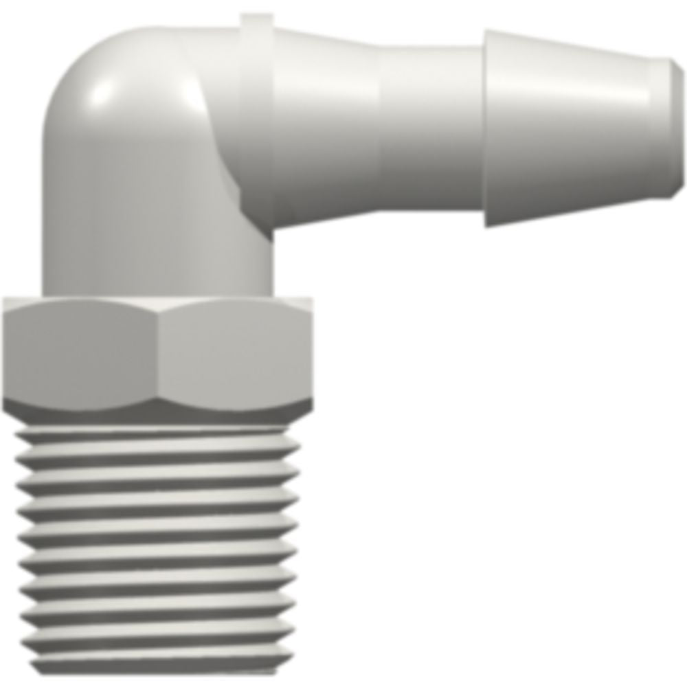 LinkTech 1/8-27 NPT Thread Elbow with 7/16" Hex to 200 Series Barb, 3/16" [4.8 mm] ID Tubing, White Nylon