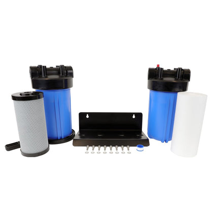 10" BB Twin Series Filter Housing DIY [assy req'd] - Blk/Blue 1" PR, Wrench, 5mic Sed, Carbon