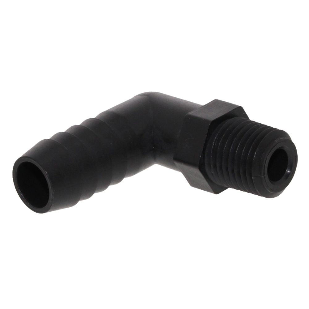 Male Elbow Barb x Male NPT - 1/4" HB x 1/8" MNPT - Black Polypropylene