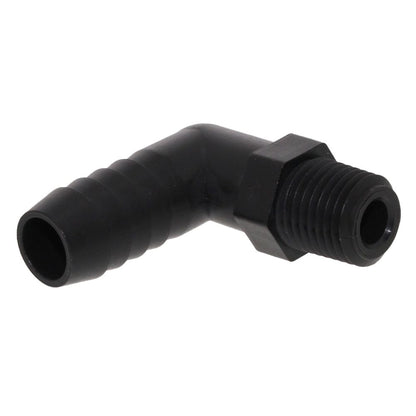 Male Elbow Barb x Male NPT - 1/2" HB x 3/8" MNPT - Black Polypropylene