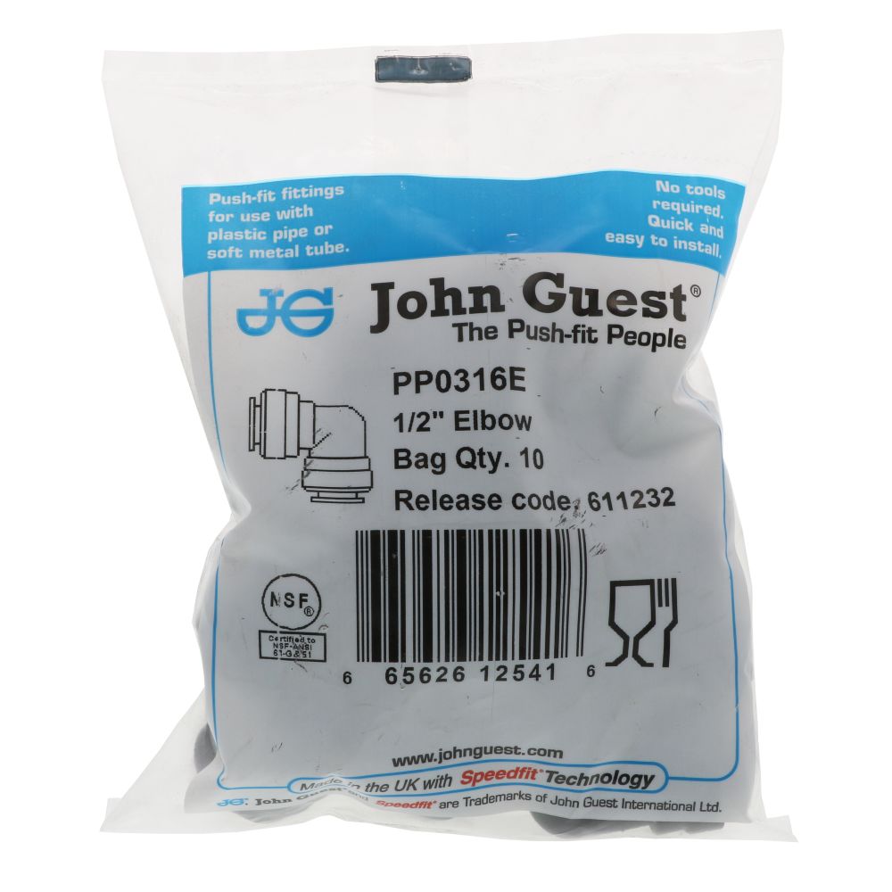 John Guest Union Elbow Black Polypropylene  - 1/2