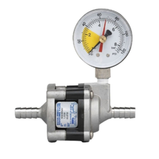 SHURflo 183-150-PG Water Pressure Reducer Valve - 50 PSI - Inlet/Outlet 3/8" Barb - SS Fittings & Body w/PG