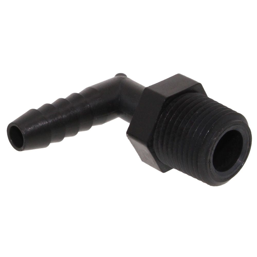 Male Elbow Barb x Male NPT - 5/16" HB x 3/8" MNPT - Black Polypropylene
