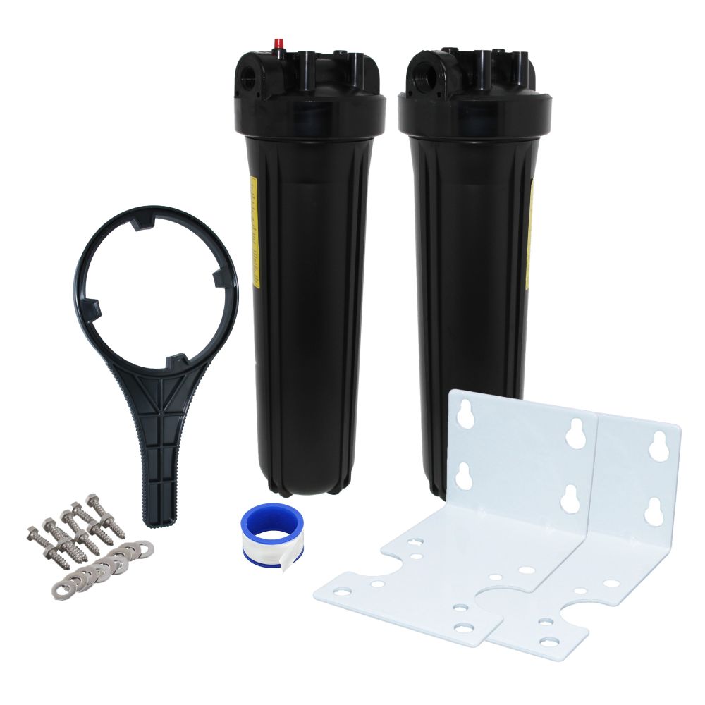 20" Big Flow Twin Parallel Filter Housing DIY - Black Cap/Black Sump 1" PR, Wrench