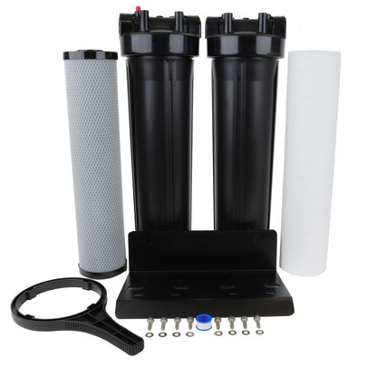 20" BB Twin SERIES Filter Housing DIY [assy req'd] - Blk/Blk 1" PR, Wrench, 5mic Sed, Carbon