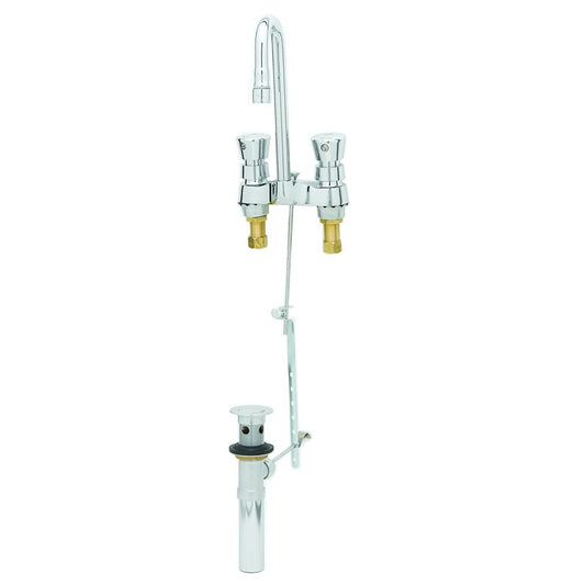 T&S Brass B-0833 Deck Mount Slow Self Closing Centerset Lavoratory Metering Faucet w/ Push Button Handles, Rigid Gooseneck, Pop Up Drain Assy
