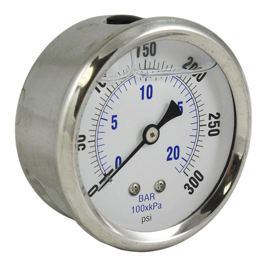 Water Pressure Gauge 300 PSI, 1/4" MPT, 2.5" Plastic Dial, Center Mount, SS Case