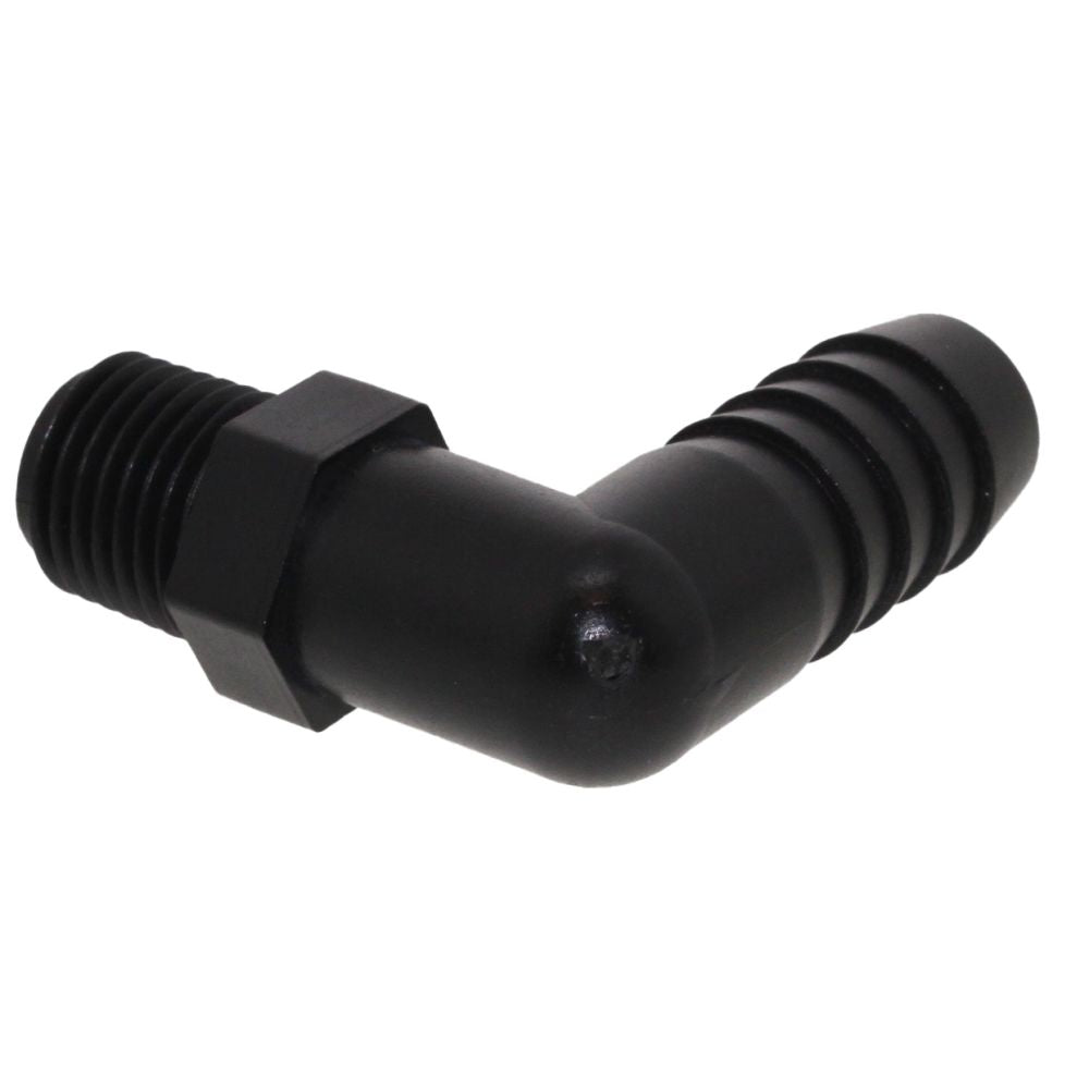 Male Elbow Barb x Male NPT - 1/2" HB x 1/4" MNPT - Black Polypropylene