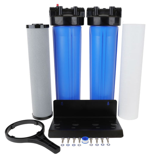 20" BB Twin SERIES Filter Housing DIY [assy req'd] - Blk/Blue 1" PR, Wrench, 5mic Sed, Carbon