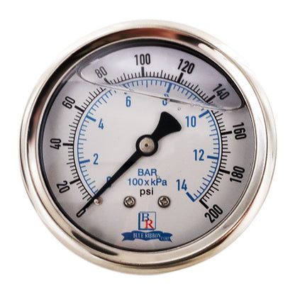 Water Pressure Gauge 200 PSI, 1/4" MPT, 2.5" Plastic Dial, Center Mount, SS Case
