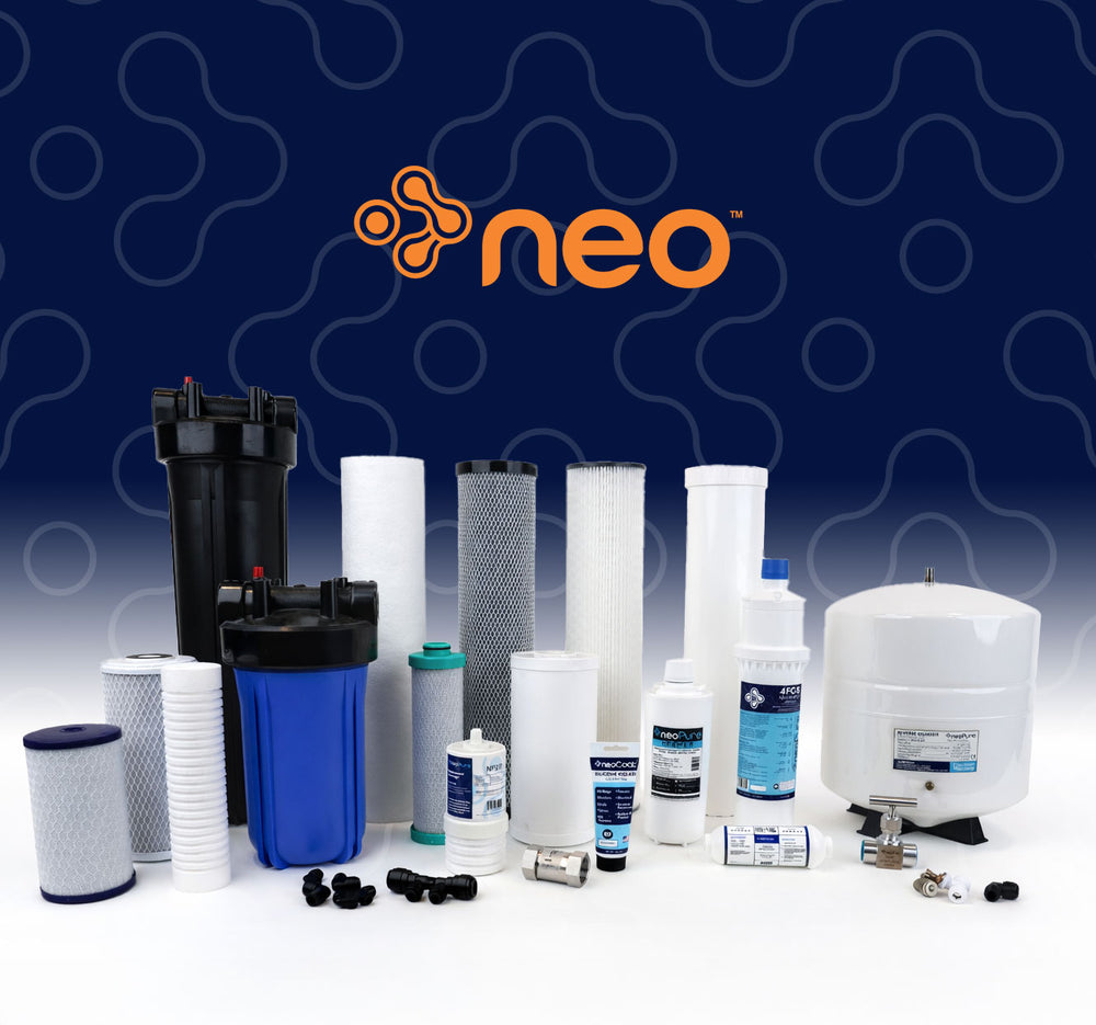 neo™ brand Collection of filtration products with 'neo' brand logo on a blue background
