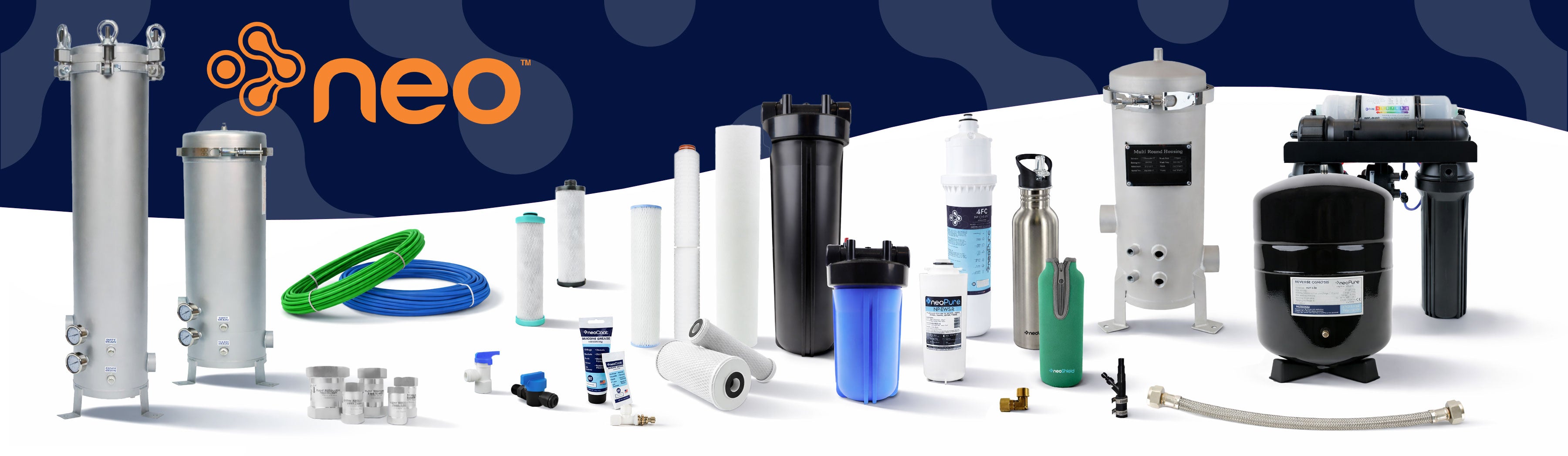 neo™ Collection of water filtration components and accessories with 'neo' branding on a blue gradient background.