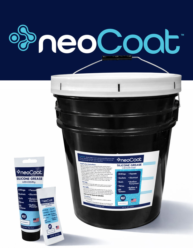 neo™ Part Lubrication silicone grease Black bucket with neoCoat label, small tube, and packaging on a white background