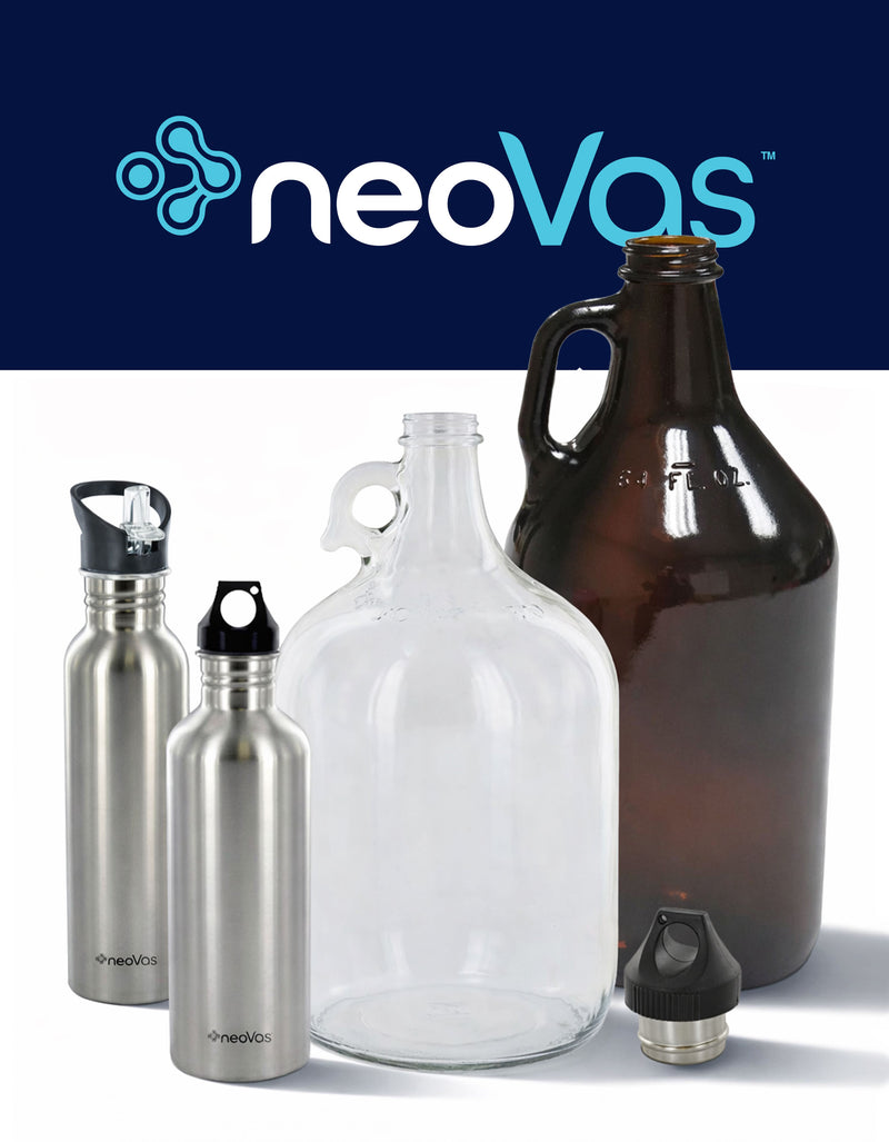 neo™ Bottles, Growlers & Accessories Collection of bottles with neoVas branding against a white background