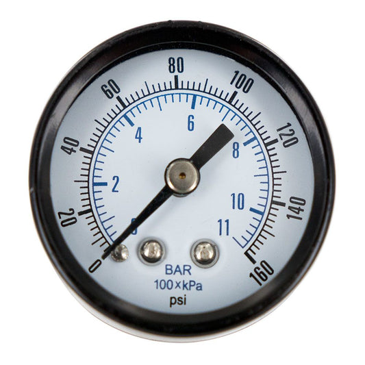 Water Pressure Gauge 160 PSI, 1/8" MPT, 1.5" Glass Dial, Center Mount, Black Steel Case