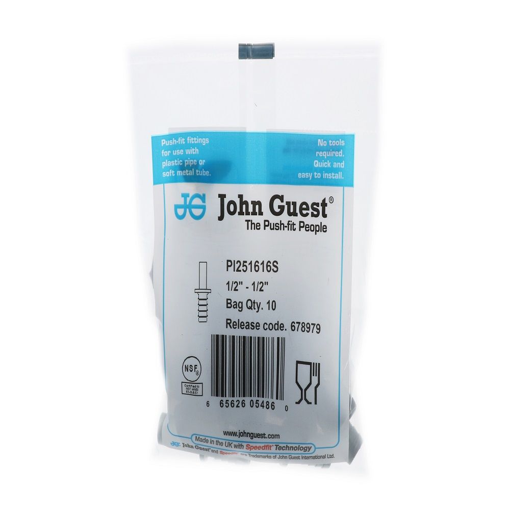 John Guest Stem Barb Connector  - 1/2 OD Stem x 1/2 ID Barb