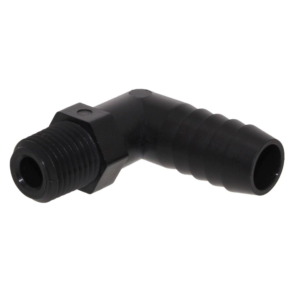 Male Elbow Barb x Male NPT - 1/2" HB x 1/4" MNPT - Black Polypropylene