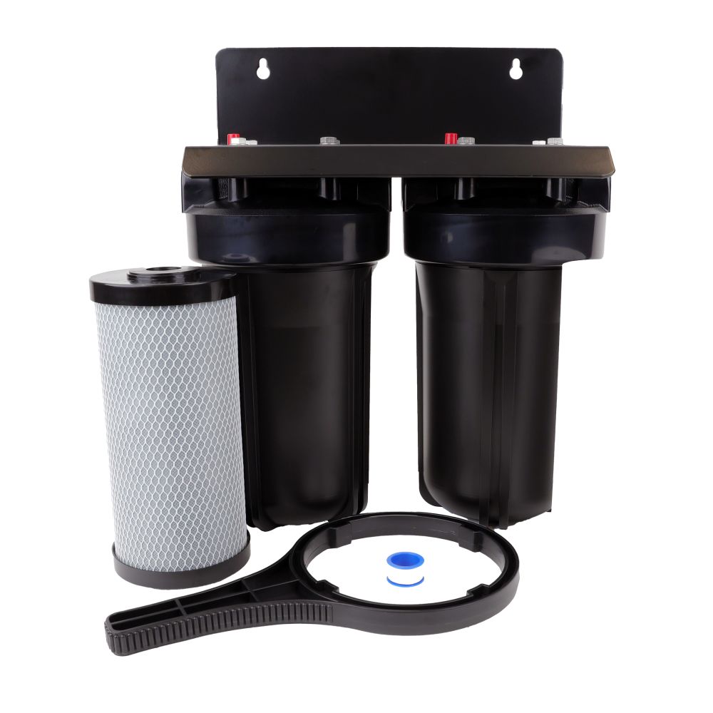 10" BB Twin Series Filter Housing DIY [assy req'd] - Blk/Blk 1" PR, Wrench, 5mic Sed, Carbon