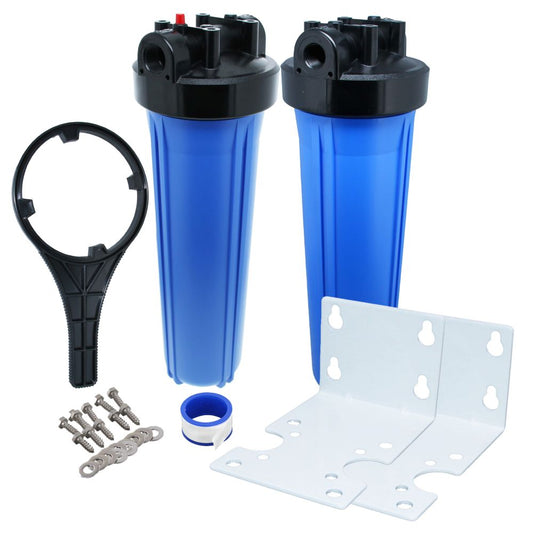 20" Big Flow Twin Parallel Filter Housing DIY - Black Cap/Blue Sump 1" PR, Wrench