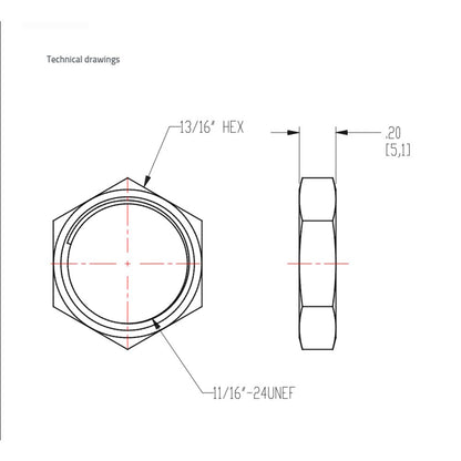 Panel Nut 13/16 Hex x 11/16-24 UNEF Thread - Nickel Brass