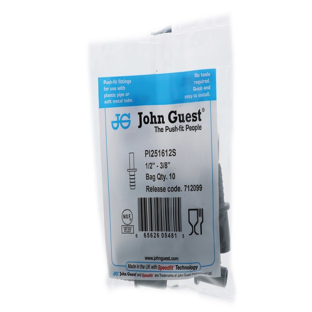 John Guest Stem Barb Connector  - 1/2 OD Stem x 3/8 ID Barb
