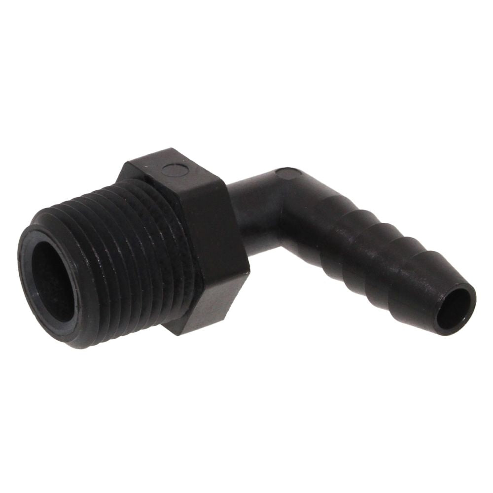 Male Elbow Barb x Male NPT - 3/8" HB x 3/8" MNPT - Black Polypropylene