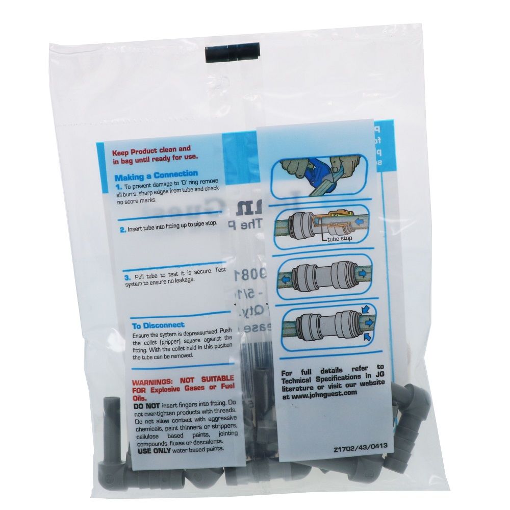 John Guest Stem Elbow Barb Connector  - 1/4 OD Stem x 5/16 ID Barb
