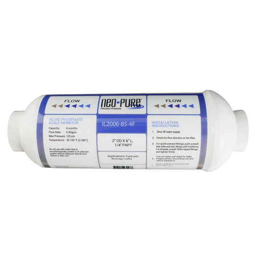 Neo-Pure Inline 2x6 Phosphate Scale Inhibitor with Sediment Pad, 1/4 FNPT Filter