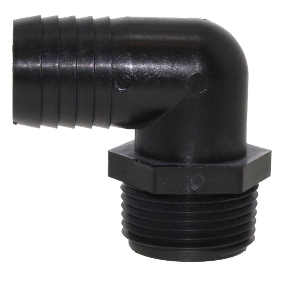 Male Elbow Barb x Male NPT - 1" HB x 1 1/4" MNPT - Black Polypropylene