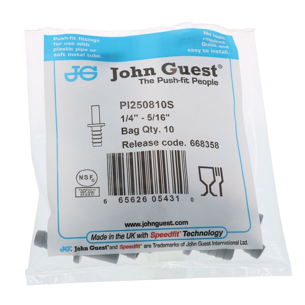 John Guest Stem Barb Connector  - 1/4 OD Stem x 5/16 ID Barb