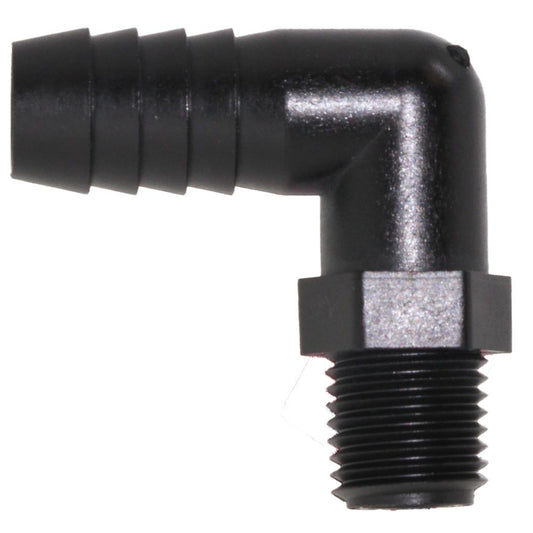 Male Elbow Barb x Male NPT - 1/2" HB x 1/4" MNPT - Black Polypropylene